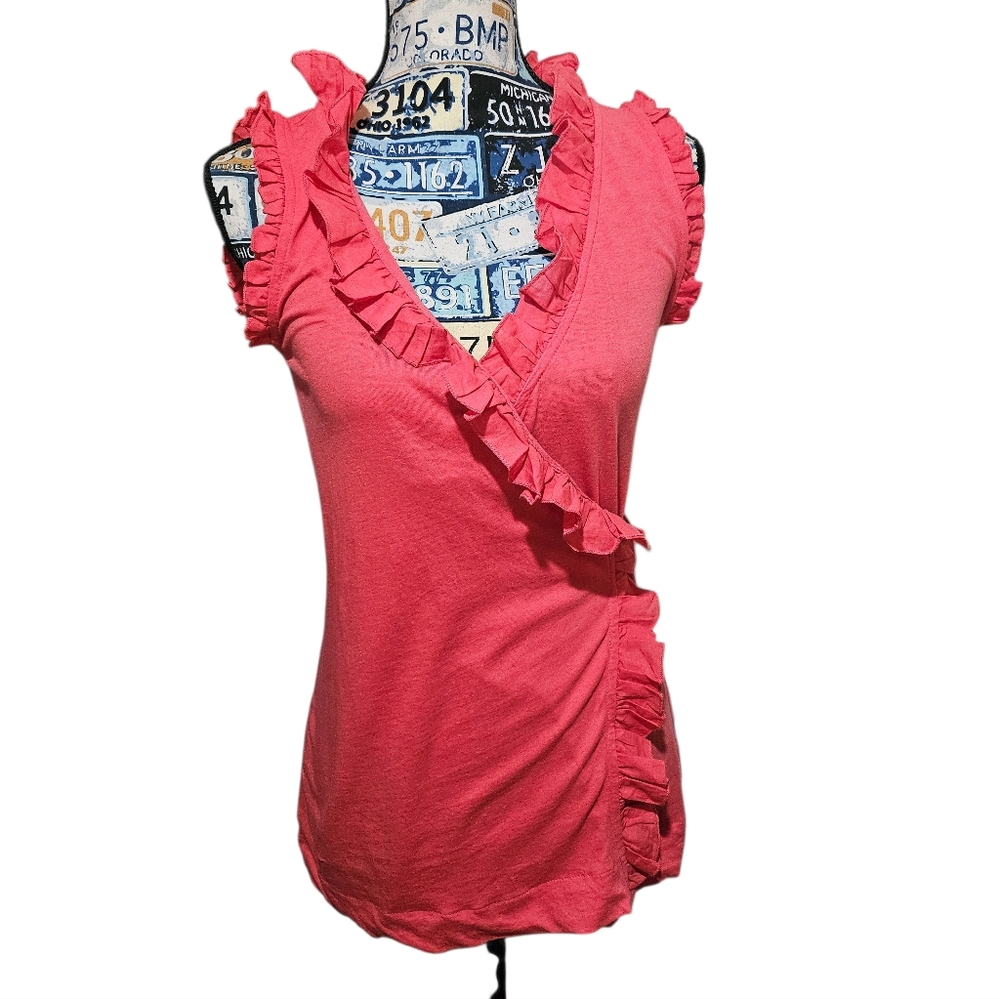 MNG Mango Coral Red Cotton Frill Sleeveless Tank Wrap Top Blouse Large NWT